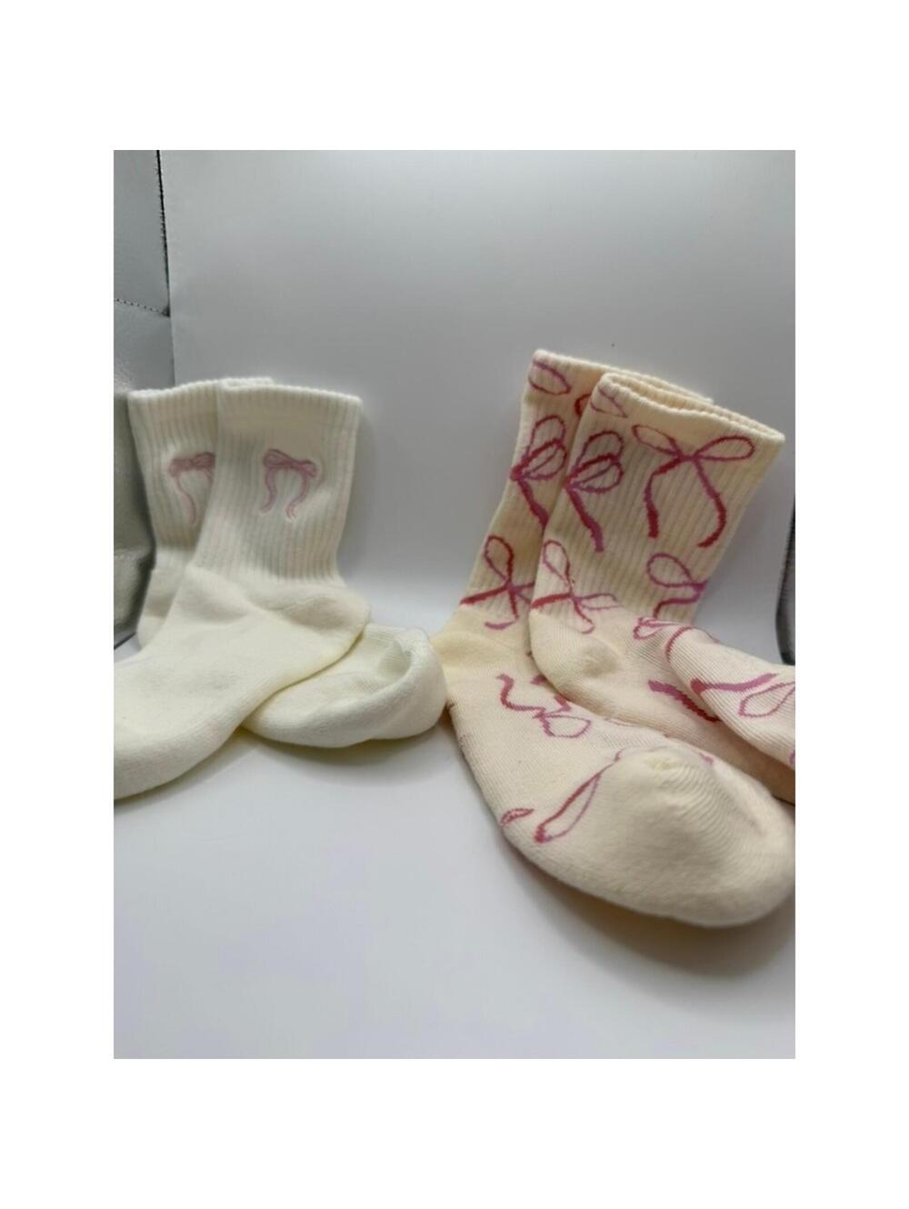 2 Pair Cream Pink Bow Crew Socks